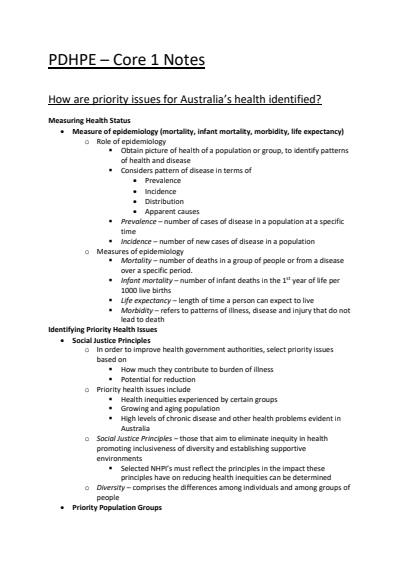 Cover page of BAND 6. PDHPE - Core 1 Notes