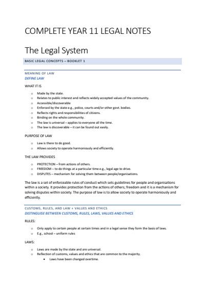 Cover page of COMPLETE YEAR 11 LEGAL NOTES