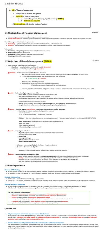 Cover page of HSC Business Studies Finance Notes