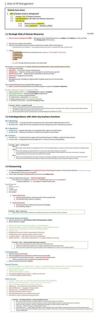 Cover page of HSC Business Studies Human Resources Notes