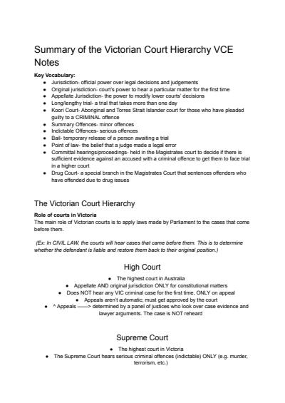 Cover page of Summary of the Victorian Court Hierarchy VCE Notes