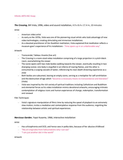 Cover page of Visual Arts Essay Plan Band 6