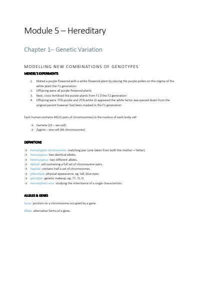 Cover page of Band 6 Biology Notes - Module 5 - Hereditary