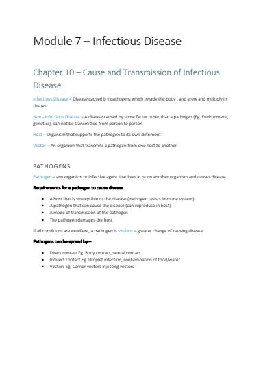 Cover page of Band 6 Biology Notes - Module 7 - Infectious Disease
