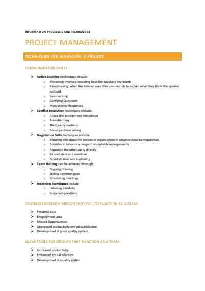 Cover page of IPT HSC notes - Project Management