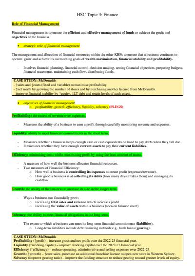 Cover page of Business Studies: HSC Topic 3 - Finance