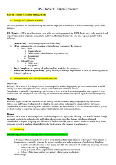 Cover page of Business Studies: HSC Topic 4 - Human Resources