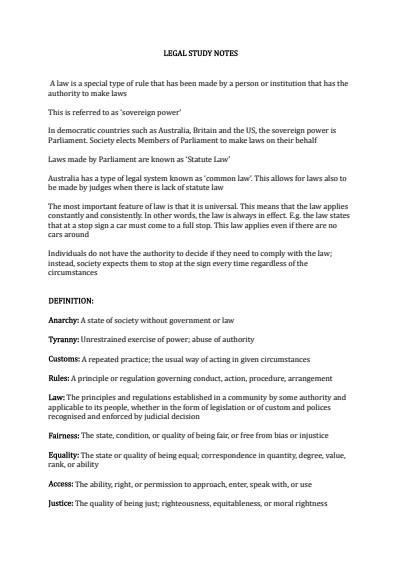 Cover page of Year 12 Legal Studies Full Course Notes 