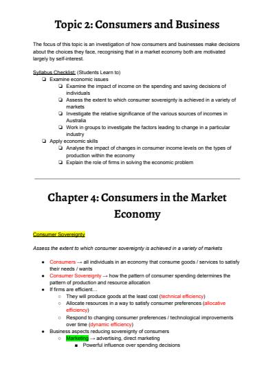 Cover page of Topic 2 - Consumers and Business - Comprehensive Notes
