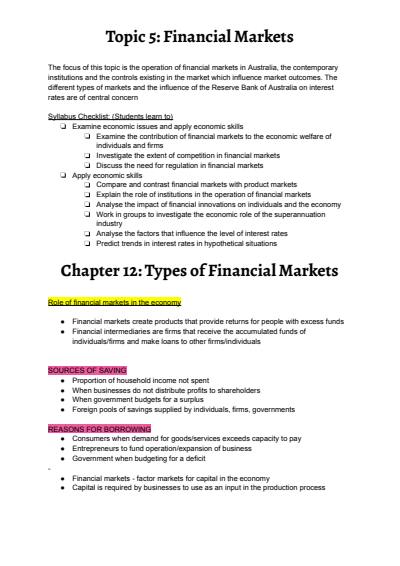 Cover page of Topic 5 - Financial Markets - Comprehensive Band 6 Notes