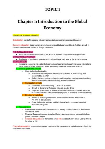 Cover page of Topic 1: The Global Economy - Comprehensive Band 6 Notes