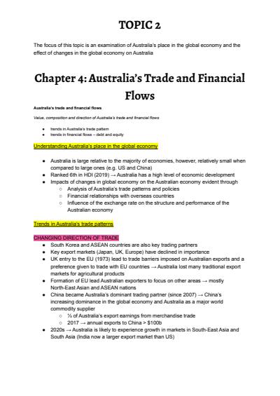 Cover page of Topic 2: Australia's Place in the Global Economy - Comprehensive Band 6 Notes