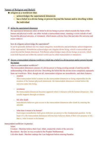 Cover page of Nature of Religion and Beliefs Syllabus Notes