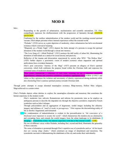Cover page of HSC High Band 6 Mod B TS Elliot Paragraph Plans