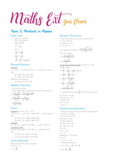 Cover page of PRELIM MATH EXTENSION 1 FORMULA SHEET
