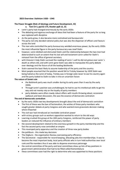 Cover page of Year 12 unit 3, Modern history notes | Stalinism 