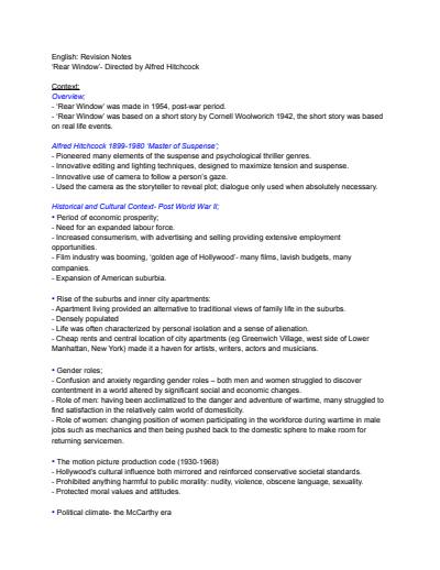 Cover page of Analytical 'Rear Window' notes 46 ss, 97.7 ATAR