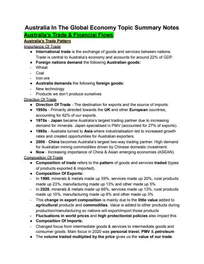 Cover page of Year 12 Economies Summarised Australia In The Global Environment Notes