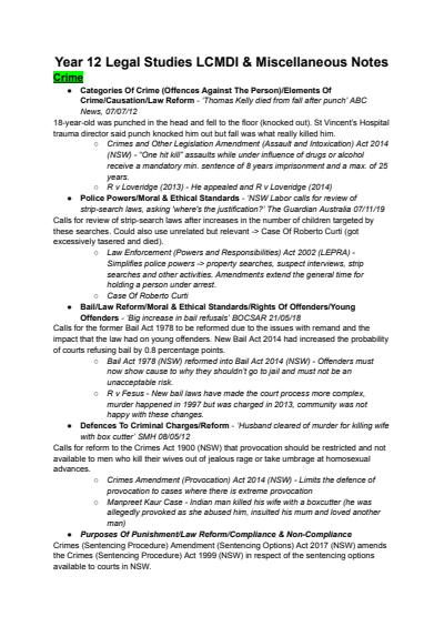 Cover page of Year 12 Legal Studies Crime/Family/Consumers LCMDI & Miscellaneous Notes