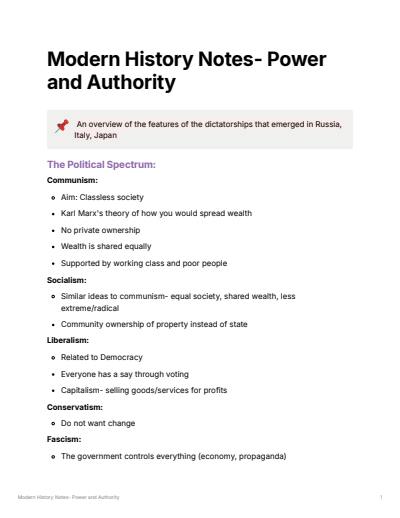 Cover page of Modern History: Power and Authority (Core unit) Notes