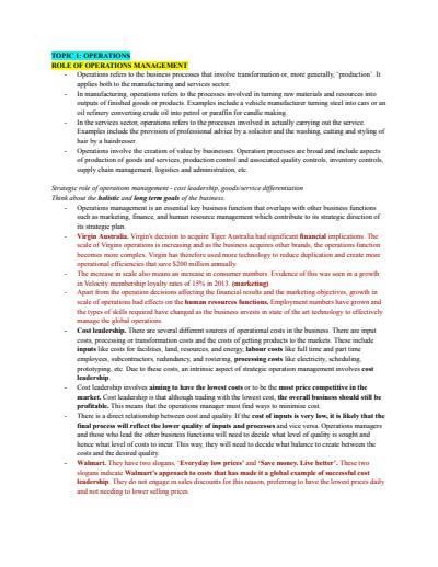 Cover page of Business Studies - Operations notes - Band 6