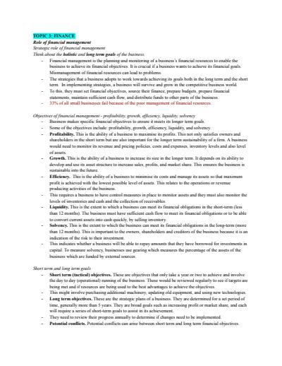 Cover page of Business Studies - Finance notes - Band 6