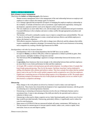 Cover page of Business Studies - Human Resources notes - Band 6