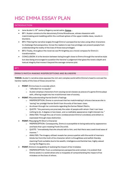 Cover page of EMMA ESSAY PLAN