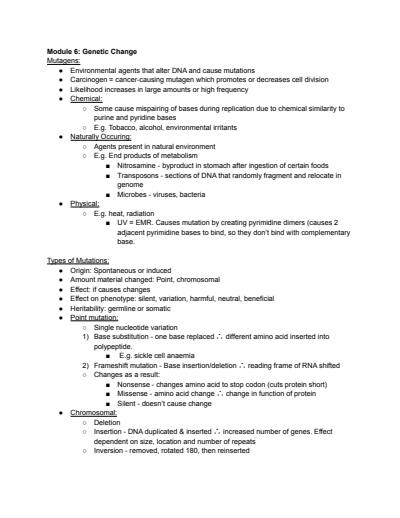 Cover page of Biology Module 6: Genetic Change Summary