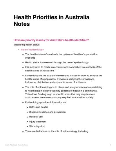 Cover page of PDHPE Health Priorities in Australia Full Notes