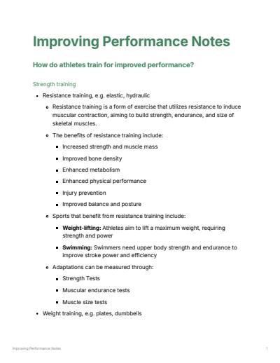 Cover page of PDHPE Option: Improving Performance Full Notes