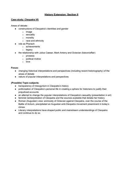 Cover page of History Extension Section II - CASE STUDY: Cleopatra notes