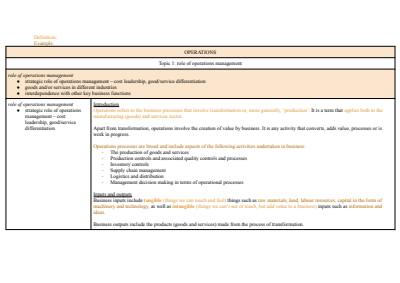 Cover page of Business Studies - Operations Notes Detailed