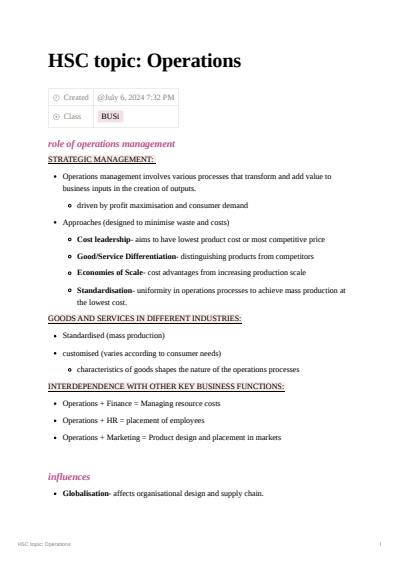 Cover page of Business HSC Topic: Operations Study Notes