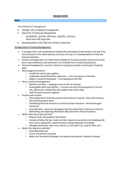 Cover page of BAND 6 BUSINESS HSC FINANCE NOTES
