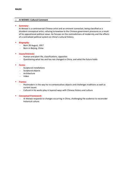 Cover page of Band 6 artist summaries- Ai Weiwei, Cindy Sherman, Fiona Hall, Damien Hirst, Stelarc