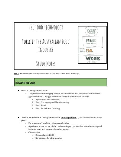 Cover page of BAND 6 HSC FOOD TECHNOLOGY - Australian Food Industry Study Notes