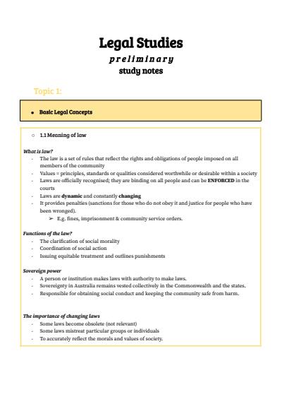 Cover page of LEGAL STUDIES - Preliminary Study Notes - ALL TOPICS