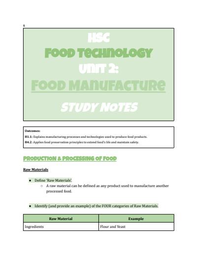 Cover page of BAND 6 HSC FOOD TECHNOLOGY - Food Manufacture Study Notes