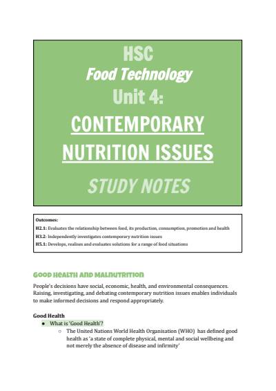 Cover page of BAND 6 HSC FOOD TECHNOLOGY - Contemporary Nutrition Study Notes