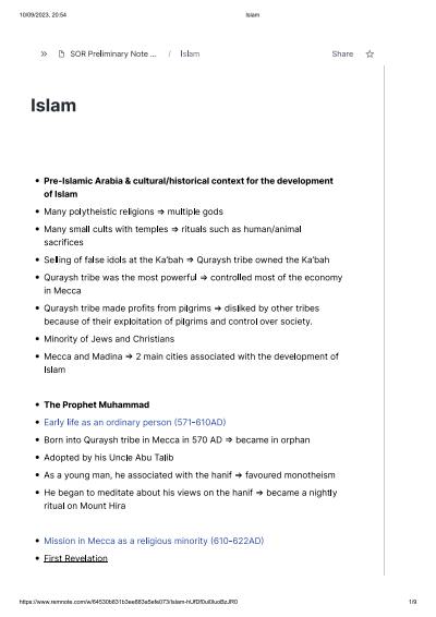 Cover page of Islam - Preliminary SOR II Summary Notes