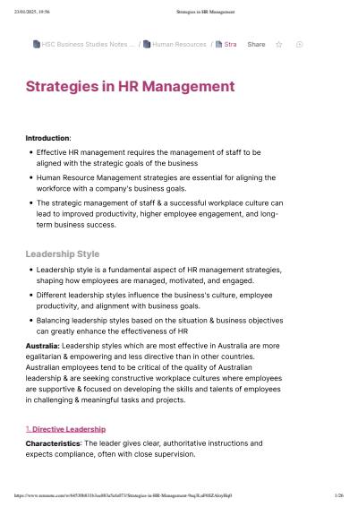 Cover page of Strategies in Human Resource Management - BAND 6 HSC NOTES