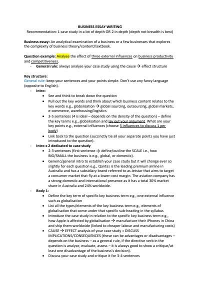Cover page of Business essay structure/example
