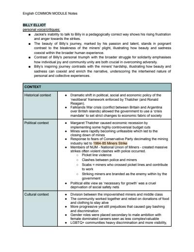 Cover page of English Standard: Billy Elliot Notes + Short Answer Tips & Tricks