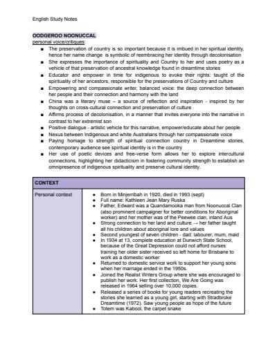 Cover page of English Standard Oodgeroo Noonuccal Notes: TEA, context, critical articles