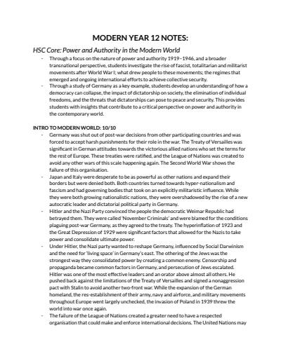 Cover page of Modern History Year 12 Summary Notes (by the syllabus)
