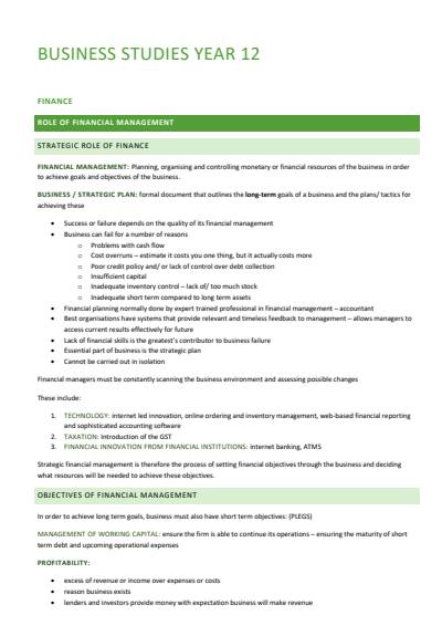 Cover page of HSC Band 6 (93) Finance Business Studies Notes 