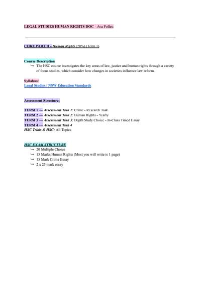Cover page of Legal Studies Year 12 Human Rights Unit Notes - BAND 6 NOTES