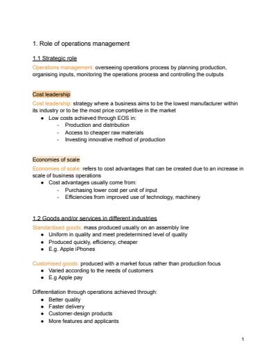 Cover page of HSC Business Studies Operations Notes