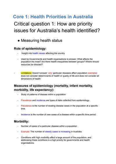 Cover page of HSC PDHPE Core 1: Health Priorities in Australia – Syllabus notes